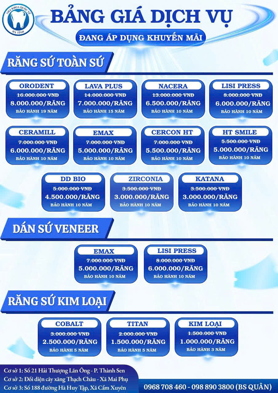 Tại Nha Khoa Quốc Tế Hà Tĩnh, chi phí bọc răng sứ thẩm mỹ dao động theo từng dòng sản phẩm. 