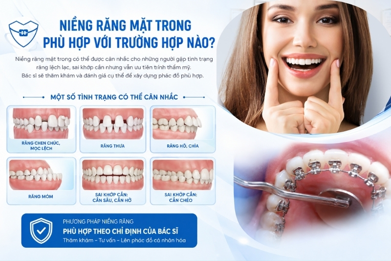 Niềng răng mặt trong phù hợp với nhiều tình trạng răng lệch lạc, sai khớp cắn và yêu cầu thẩm mỹ